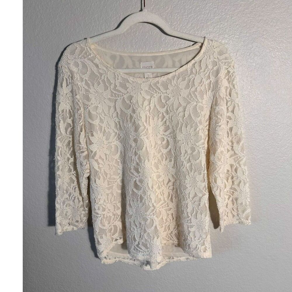 Chicos Size 1 M Cream Ivory Floral Lace Blouse Top 3/4 Sheer Cottage Fairy Boho